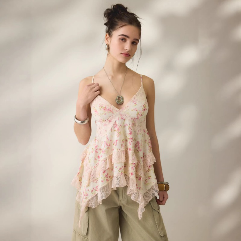 Cami Top Lace - Atasan Cami Chiffon Motif Bunga Vintage